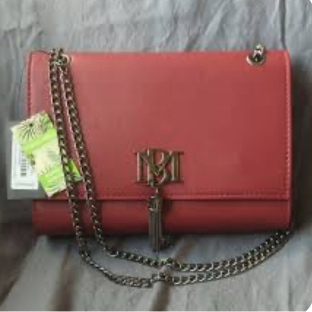 Badgley Mischka Handbag Red/Burgundy Metal Crossbody Fringe Tassel